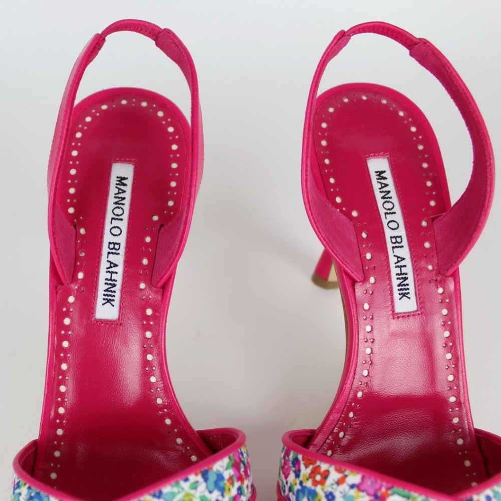 NEW MANOLO BLAHNIK Floral Leather Slingback Sandals - Work to Dinner Summer Heel - Picture 9 of 13